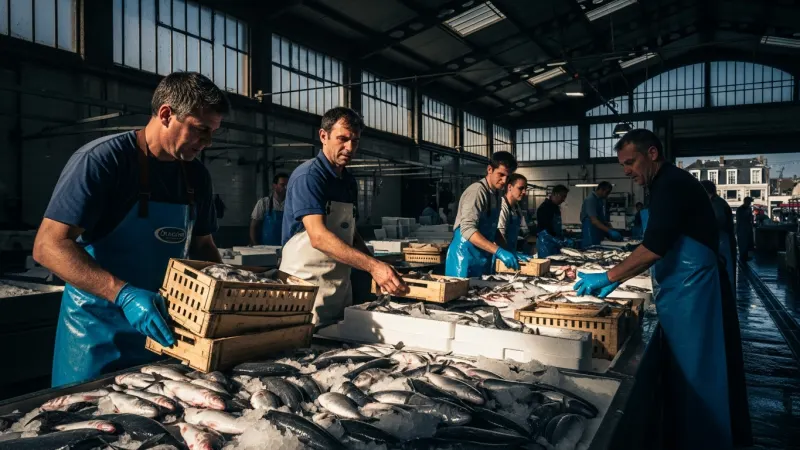 Immerse in the Bustling Fish Market 4 Fishermen actively unloading crates of fresh fish onto ice at a busy indoor fish market.
