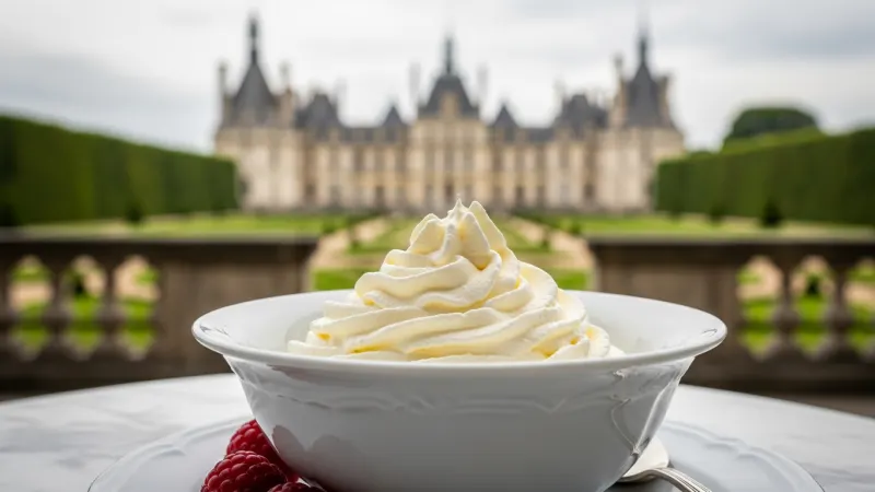 Indulge in Authentic Chantilly Cream 3 A close-up of a bowl of fresh Crème Chantilly with berries, served on a table with the Chateau de Chantilly gardens blurred in the background.