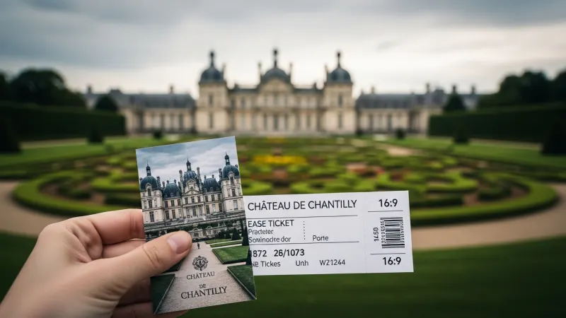 Master the Chantilly Ticket Options 4 A hand holds a detailed Chateau de Chantilly ticket or brochure, with the chateau and gardens softly blurred in the background.