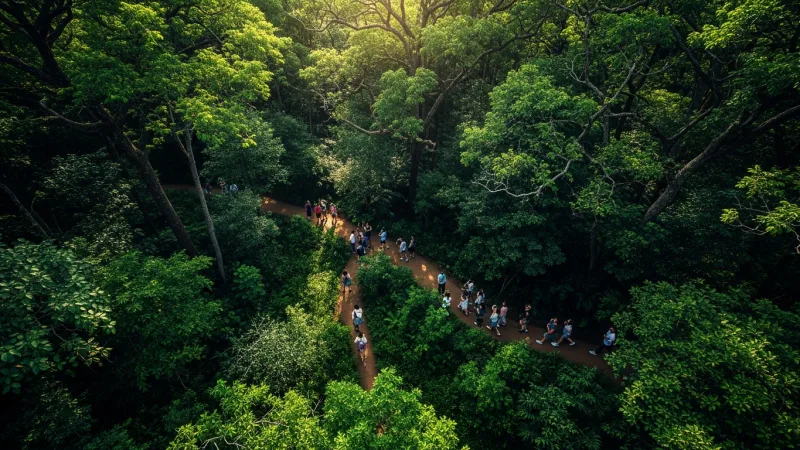 Master the Ecosystems Strategically 4 An overhead view of the dense tropical rainforest inside Burgers Bush, with visitors walking on paths below, illustrating the zoo's unique ecosystem design and scale.