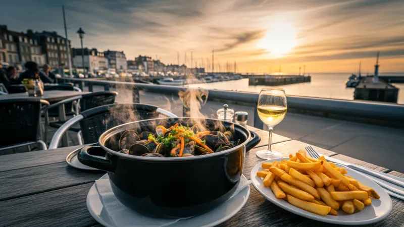 Master the Moules-Frites Experience 3 A steaming pot of mussels with a side of golden fries, set on a table with a glass of white wine, overlooking a harbor.