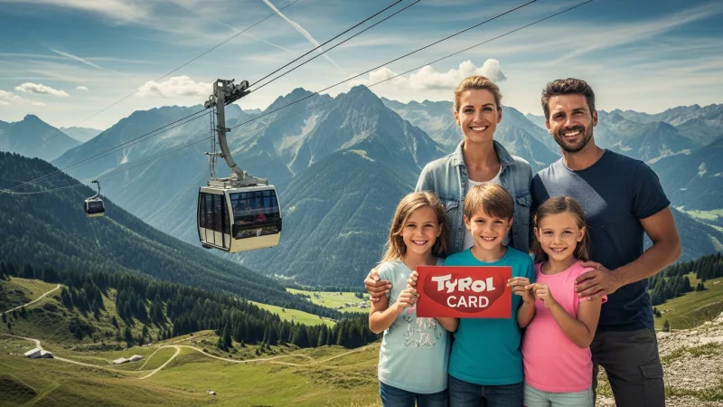 Master the Tyrol Card for Savings 1 A family holding a Tyrol Card with a scenic Tyrolean mountain and cable car in the background, symbolizing easy access to attractions.