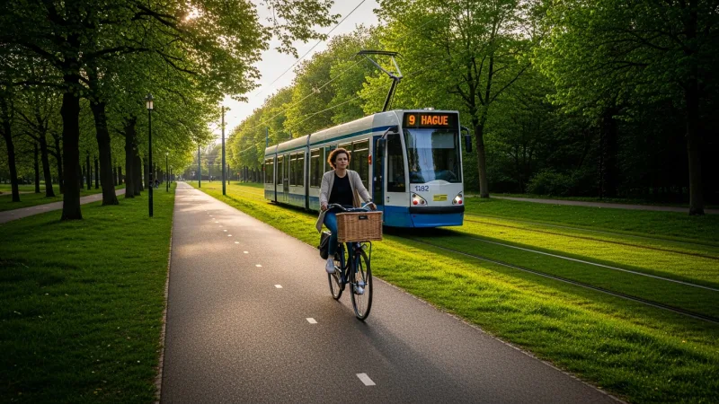 Navigate Clingendael Like a Local 3 A person cycling on a paved path in a park, with green trees and a tram in the distance, representing local transportation to Clingendael.
