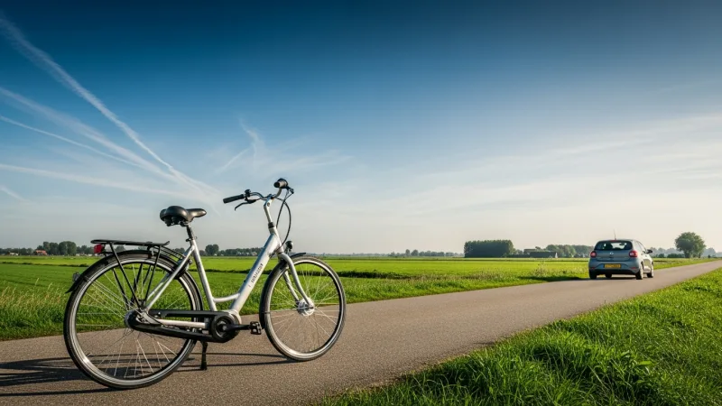 Navigating 't Harde: Car or E-Bike is King 7 An e-bike parked on a rural Dutch road with a car in the background, symbolizing local transportation.