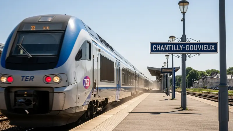 Navigating the Grand Domaine from Paris 1 A TER train arriving at Chantilly-Gouvieux station, with the station sign and town visible in the background.