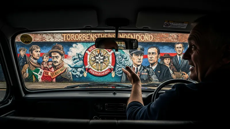 Navigating the Narratives: Black Cab Tours 1 A black taxi driver in Belfast gesturing towards a colorful political mural.