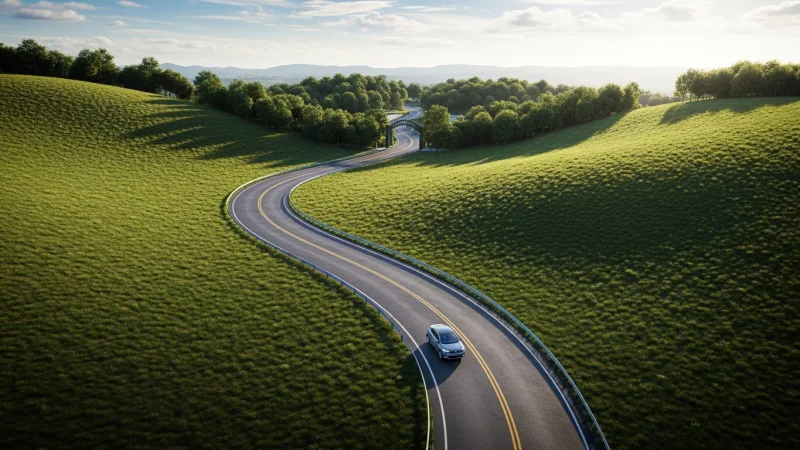 Navigating to Nature's Oasis 3 A scenic road winding through green hills, leading to the entrance of a botanical garden, with a car driving on it.