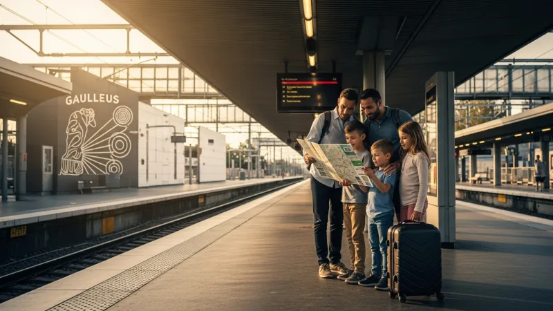 Navigating to Parc Astérix 4 Family at a train station platform, looking at a map, preparing to travel to Parc Astérix.