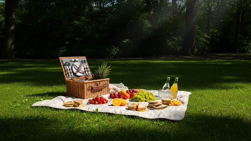 Picnic Perfection in Clingendael 1 A colorful picnic spread laid out on a green lawn in Clingendael Park, featuring a wicker basket, various foods, and drinks under dappled sunlight.