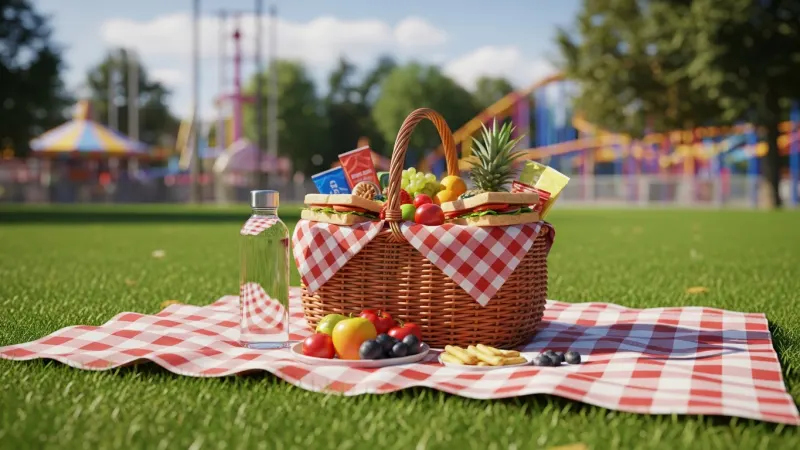 Picnic Power & Hydration Hacks 1 A picnic basket filled with food and a reusable water bottle on a blanket in a park setting, with amusement park rides in the background.
