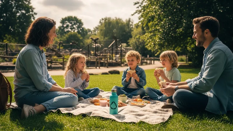 Picnic Smart, Stay Hydrated 1 A family happily having a picnic on a grassy area at Burgers Zoo, with reusable water bottles visible, emphasizing cost-saving and hydration.