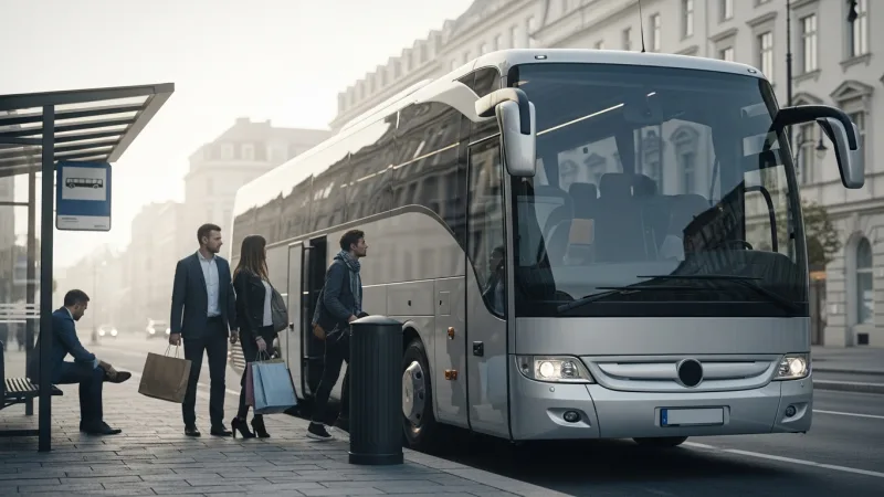 Ride the Shopping Shuttle for Seamless Savings 4 A modern tour bus with large windows is parked at a city bus stop, with several people in stylish casual wear boarding. The bus is ready to depart for a shopping trip.