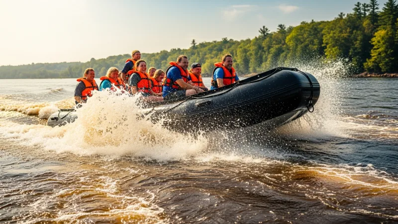 People in a zodiac boat on a river, splashing through rapids during a tidal bore rafting adventure.