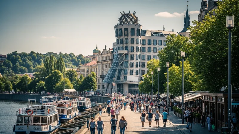 Riverside Stroll & Local Flavors 1 People walking along the Rašínovo nábřeží embankment in Prague, with the iconic Dancing House visible in the background and boats docked on the Vltava River.