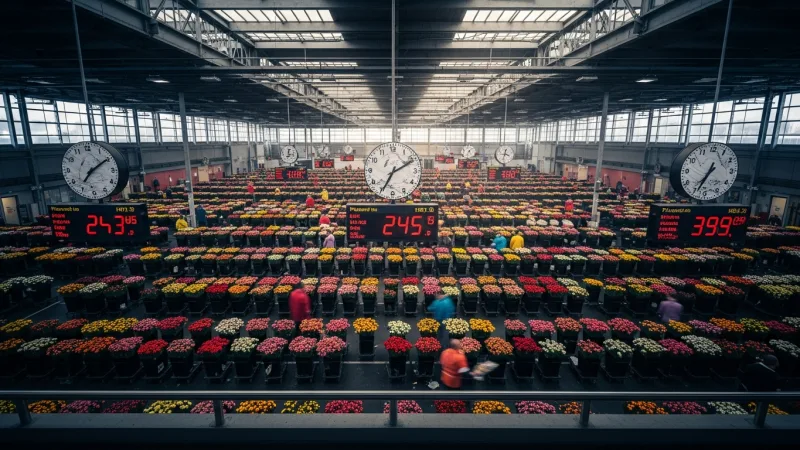 Royal FloraHolland: Go Early, Go Smart 1 A panoramic view of the Royal FloraHolland flower auction floor from a high vantage point, showing countless trolleys filled with flowers and busy workers under large digital clocks.