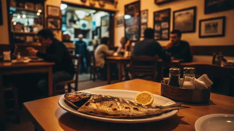 Savor a Market Taverna Meal 1 A plate of grilled fresh fish on a wooden table inside a lively taverna near Athens Central Market: Varvakios Agora.