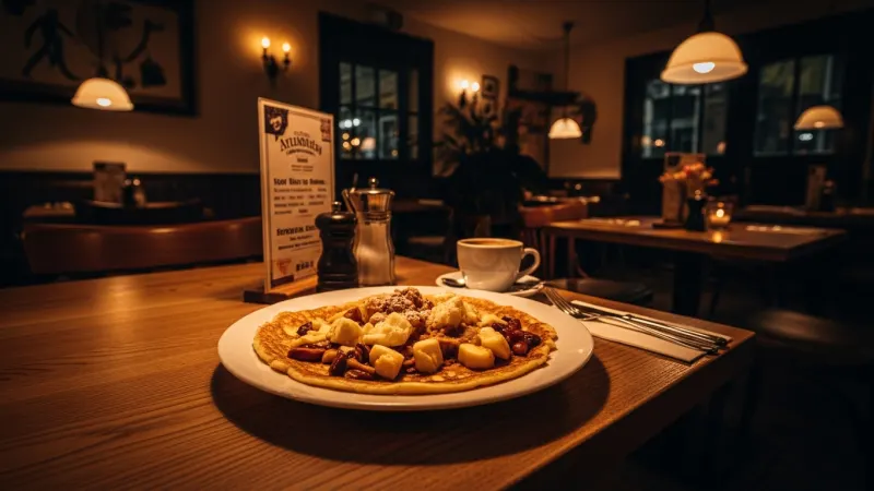 Savor Local Delights at De Grote Wielen 5 A plate of traditional Dutch pancakes with toppings on a wooden table in a cozy restaurant.