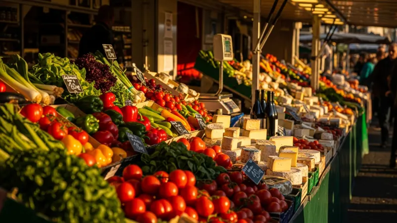 Savvy Shopping for French Delicacies 3 A bustling outdoor market stall in Calais with fresh produce, cheeses, and wines.
