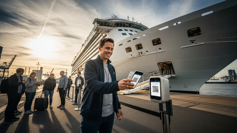 Secure Your Spot: Pre-Book Your Cruise 1 A person scanning a digital ticket on their phone at a cruise boat entrance, illustrating the convenience and efficiency of pre-booking tickets for a Rotterdam harbor cruise.