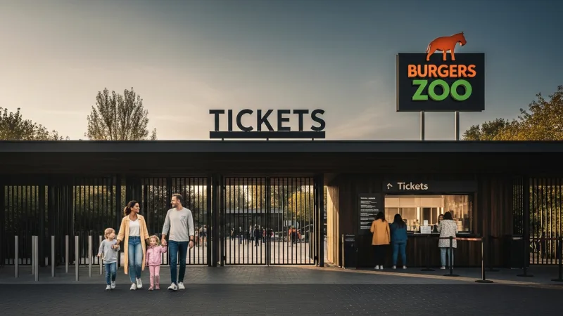 Skip the Queue: Book Online 5 A family smiling as they easily enter Burgers Zoo, bypassing a small queue at the ticket booth, symbolizing the convenience of online booking.