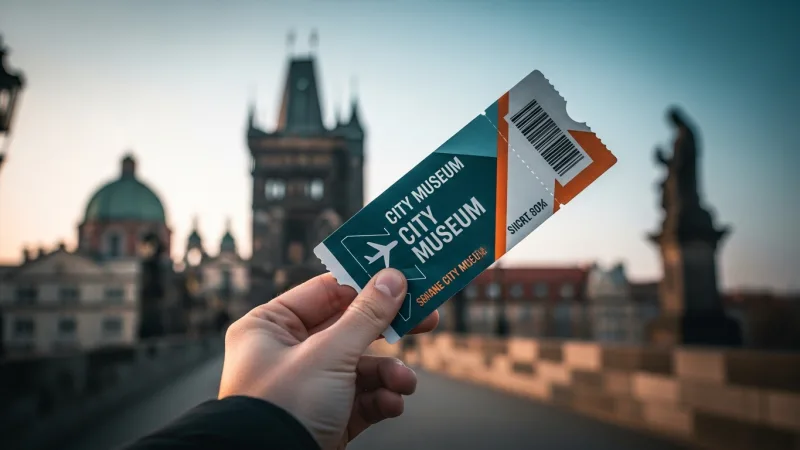 Smart Savings with Prague City Museum Pass 5 A hand holding a Prague City Museum pass, with the Old Town Bridge Tower visible in the background, symbolizing smart ticket purchasing.