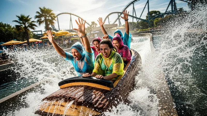 Splash-Ready for Roman Rapids 1 People on a log flume ride getting soaked, laughing and wearing ponchos.