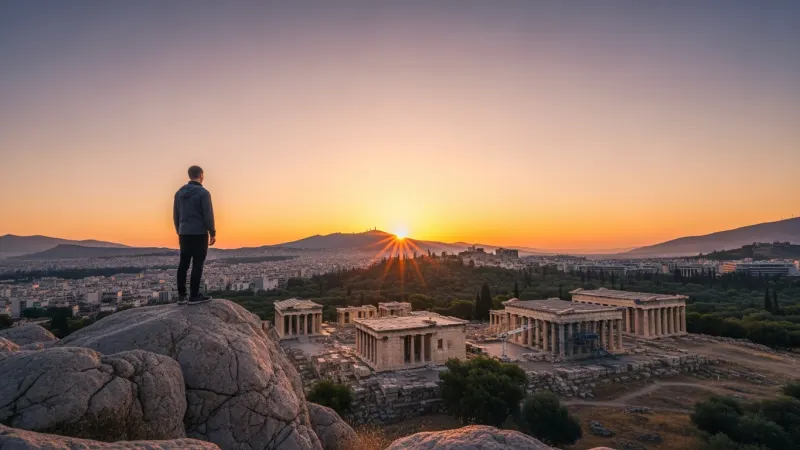 Sunrise Serenity: Beat the Crowds 2 A solitary person stands on the rocky summit of Areopagus Hill at sunrise, looking out over the illuminated ancient Agora and the sprawling city of Athens.