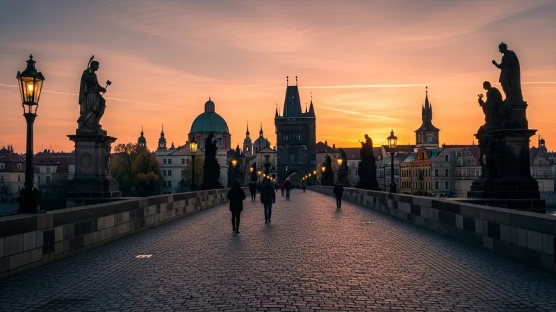 Sunrise Serenity & Golden Hour Glow 4 Charles Bridge at sunrise, nearly empty, with warm light illuminating the statues and the Old Town Bridge Tower in the distance.
