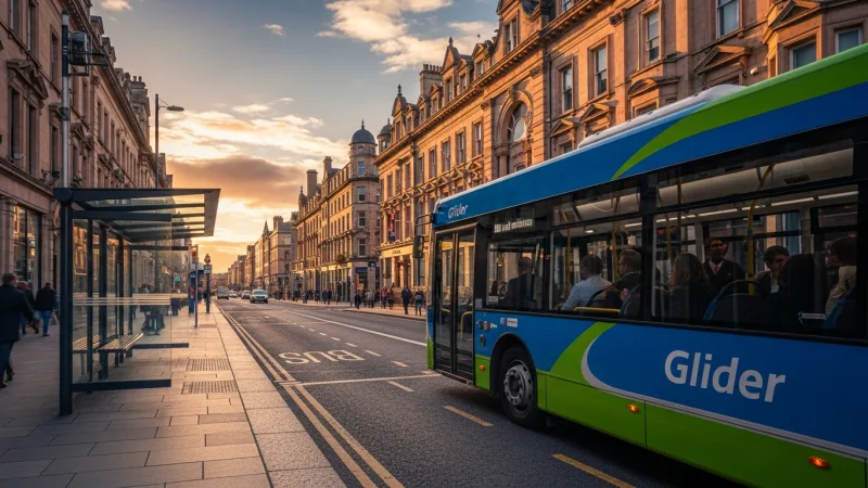 The Glider: Your Urban Express 1 A modern Glider bus in Belfast pulling away from a stop.