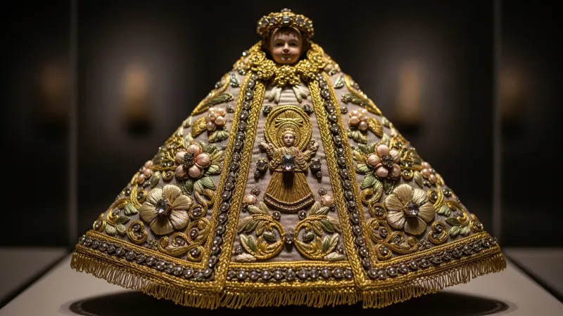 The Royal Wardrobe of the Infant Jesus 4 A richly embroidered miniature robe for the Infant Jesus of Prague, displayed in a museum case, showcasing intricate gold threadwork and delicate fabric.