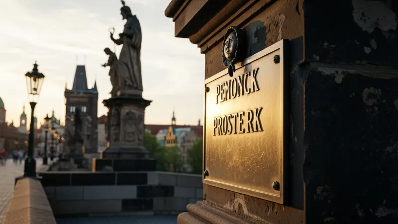 The Secret Lives of Statues: A Deeper Dive 7 Close-up of the worn, shiny bronze plaque at the base of the St. John of Nepomuk statue on Charles Bridge, with other statues blurred in the background.