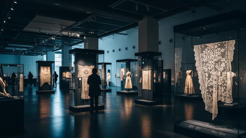 The Unexpected Charm of the Lace Museum 4 Interior view of the Cité internationale de la dentelle et de la mode museum with intricate lace exhibits.