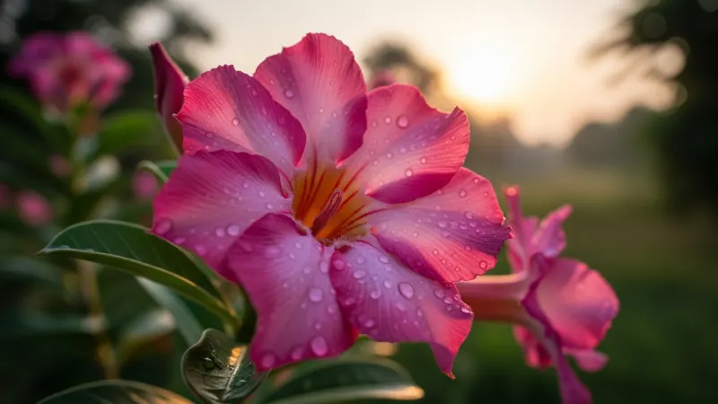 Timing Your Bloom Visit 4 Close-up of a stunning, vibrant flower in full bloom, showcasing its intricate petals and morning dew, set against a soft garden background.