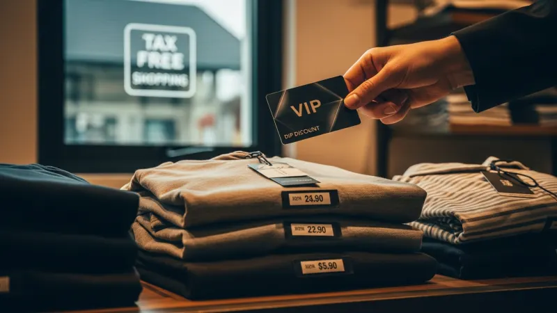 Unlock Extra Savings with the VIP Pass & Tax-Free Perks 3 A hand holds a VIP discount card over a pile of designer clothes in an outlet store. The scene suggests smart shopping and savings.
