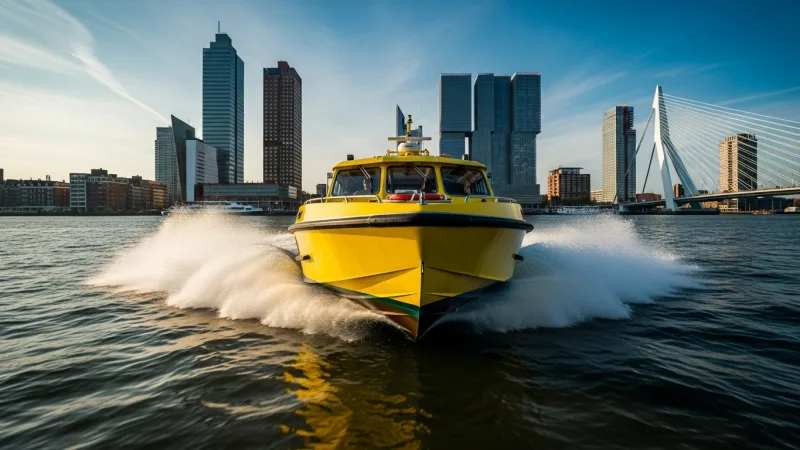 Unlock Hidden Harbors with a Water Taxi 4 A bright yellow water taxi speeds across Rotterdam's harbor, with modern buildings in the background, emphasizing its dynamic and close-up exploration capabilities.