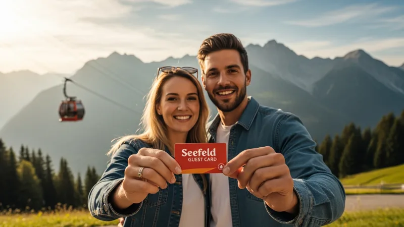 Unlock Seefeld's Perks with Your Guest Card 1 A couple holding a Seefeld Guest Card, smiling at the camera with mountains and a cable car in the background.