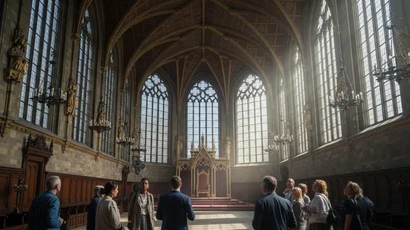 Interior view of the historic Ridderzaal (Knight's Hall) in The Hague's Binnenhof, featuring high ceilings, gothic windows, and a group on a guided tour.