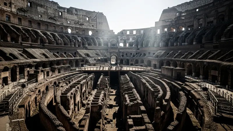 Unlock the Full Ancient Rome Experience 6 View from the Colosseum's upper tiers looking down into the intricate underground passages (hypogeum) and the reconstructed arena floor, with visitors exploring.