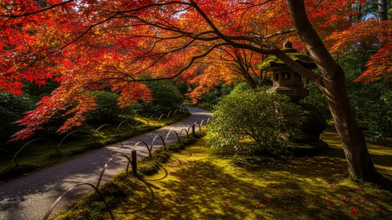 Unlocking the Japanese Garden 5 A tranquil stone path winding through the Japanese Garden at Clingendael, surrounded by lush green and red foliage, with a moss-covered stone lantern.