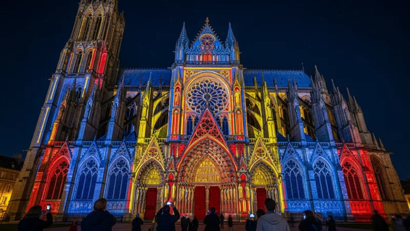 Witness the Cathedral's Colors Reborn: Chroma Light Show 4 Amiens Cathedral's facade at night, bathed in projected colorful lights, recreating its medieval appearance, with people watching from the square.