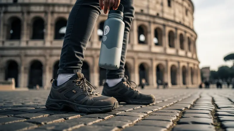 Your Feet and Hydration are Your Allies 3 A person's feet in comfortable walking shoes on ancient Roman cobblestones, holding a reusable water bottle, with the Colosseum visible in the background.