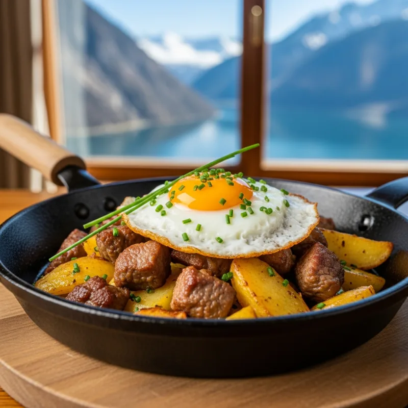 A cast iron pan of Tiroler Gröstl with a fried egg on top