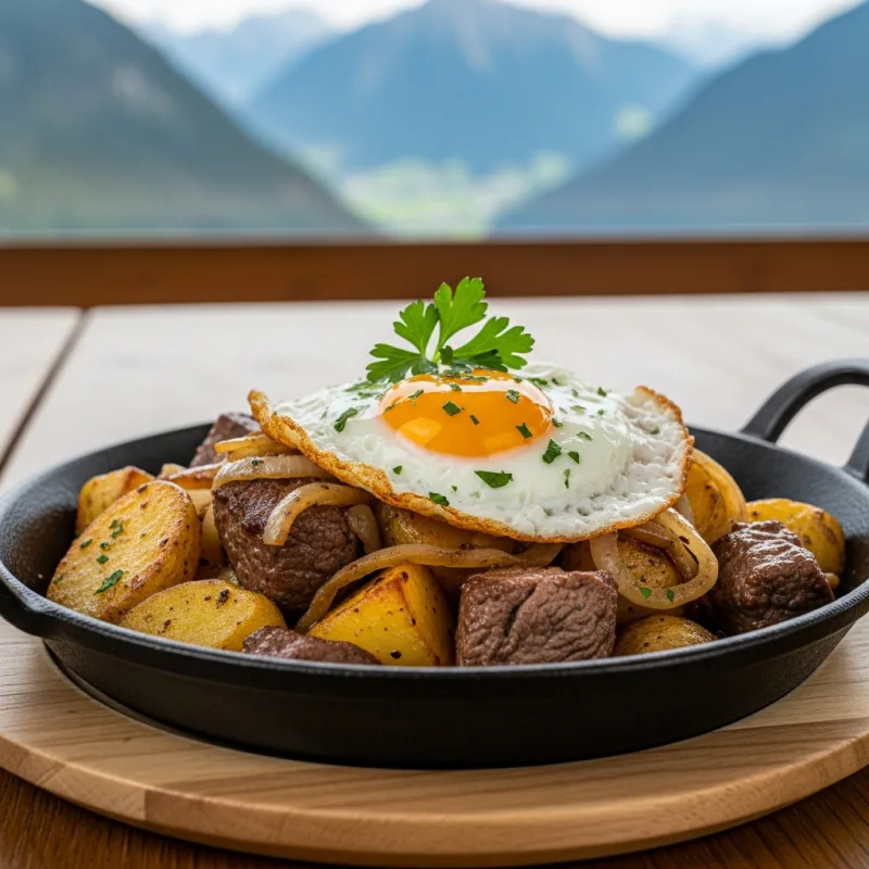 Tiroler Gröstl in a cast iron pan
