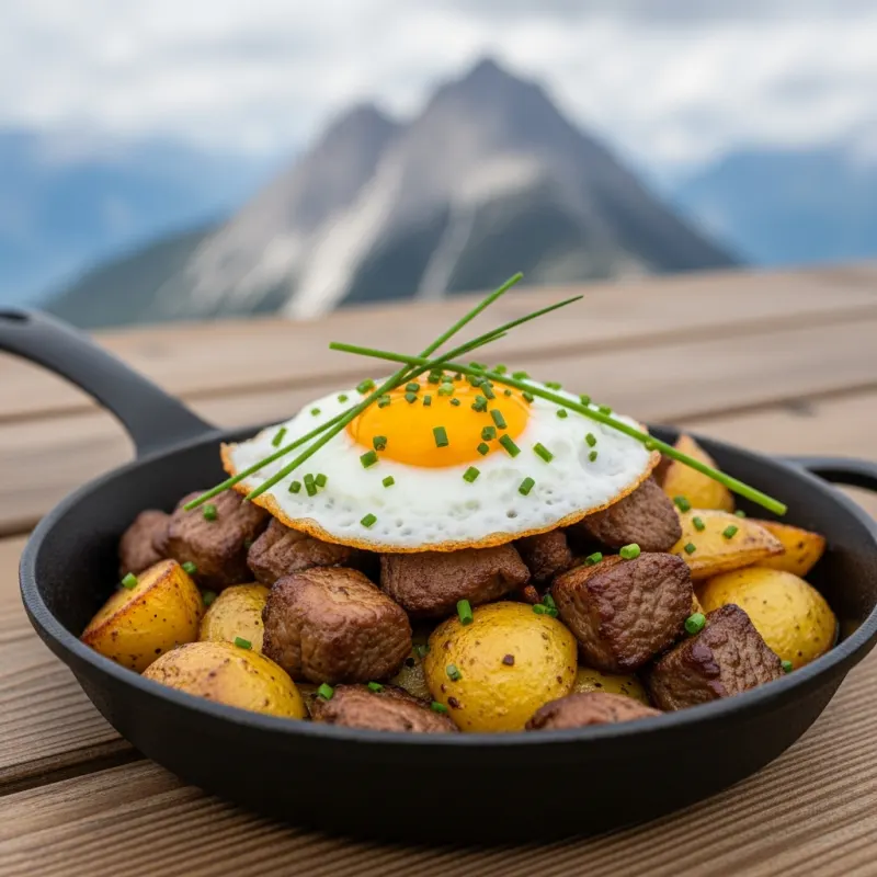 A cast iron pan of Tiroler Gröstl topped with a fried egg