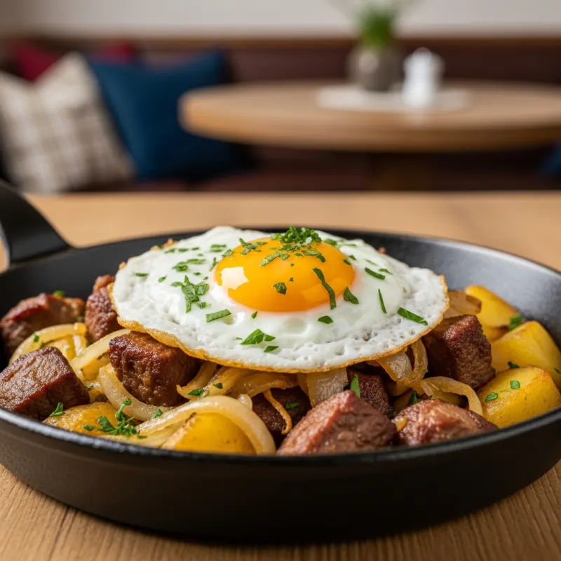 A traditional pan of Tiroler Gröstl with a fried egg on top