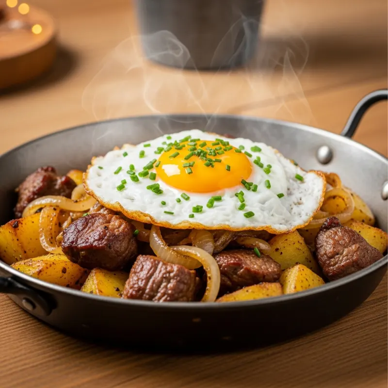A traditional pan of Tiroler Gröstl with a fried egg on top
