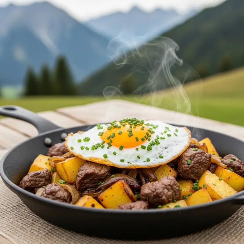 A cast-iron pan of Tiroler Gröstl topped with a fried egg