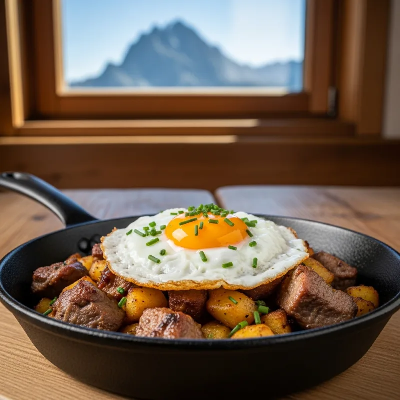 A cast iron pan of Tiroler Gröstl on a wooden table in an alpine setting