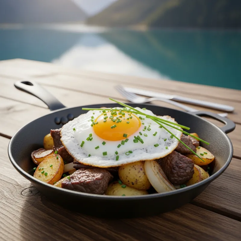 Traditional Tiroler Gröstl served in a cast-iron pan