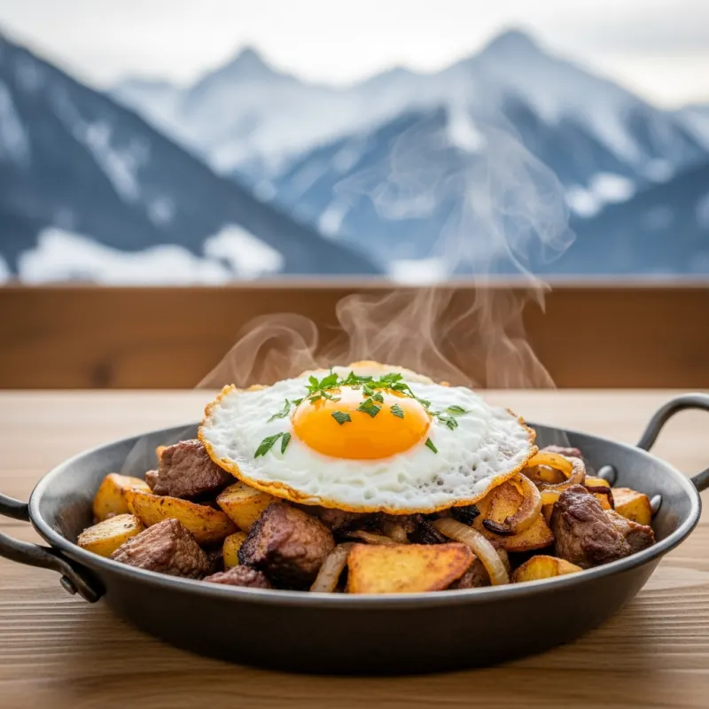 A traditional pan of Tiroler Gröstl served in an alpine setting